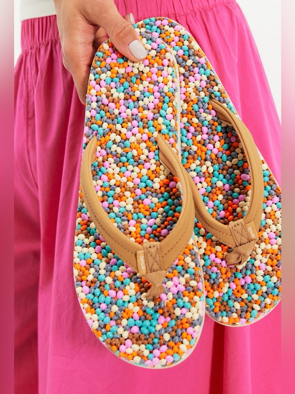 Sanuk Multicolor Bead-Textured Flip Flops with Tan Straps